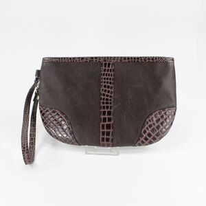 Levenger Wristlet Brown Leather with Faux Croc Trim Wrist Strap LN Small Purse
